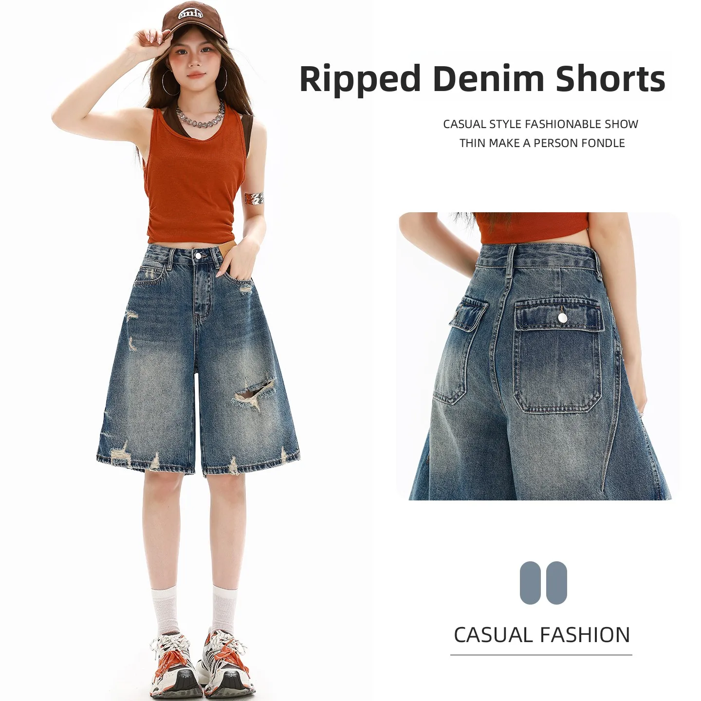 

Loose Blue Denim Shorts Women's Summer High Waist Wide Leg Pants Korean Style Five-Point Pants Design Sense Thin Polyester Fiber