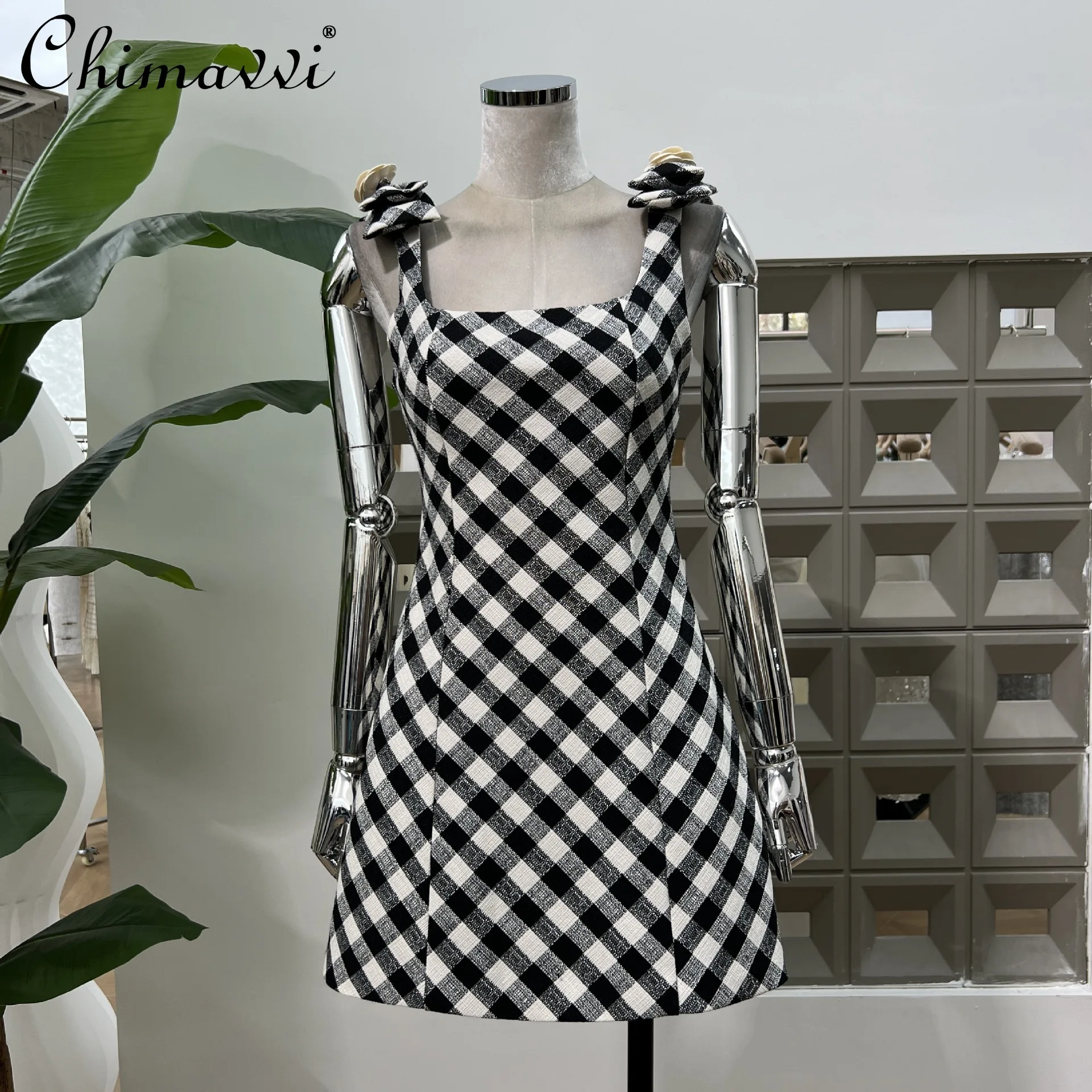 

French Elegant Retro 3D Flower Bow Square Neck Sleeveless High Waist Slim A-line Temperament Socialite Short Dress Women Summer