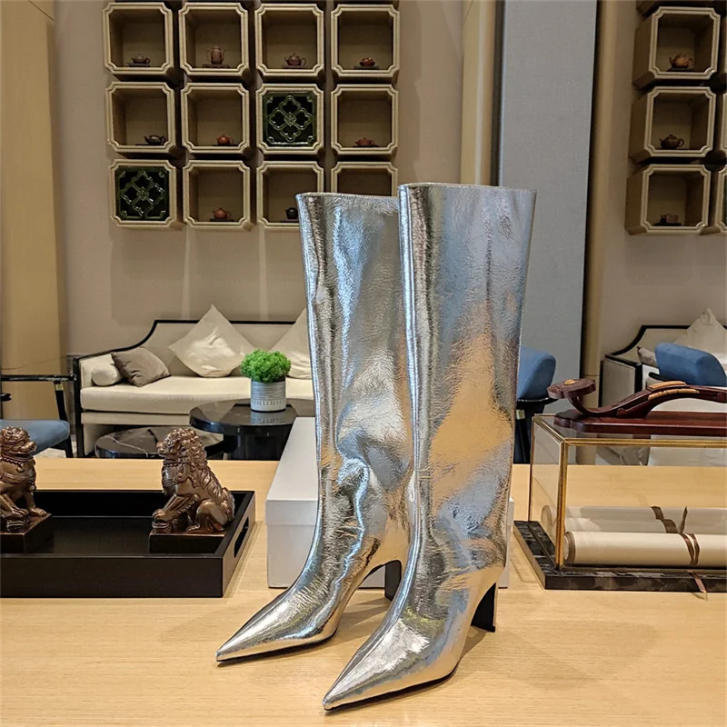 

Arden Furtado 2024 Metal microfiber Knee high boots Pointed toe Chunky heels Elegant Slip-on Simple style Modern boots