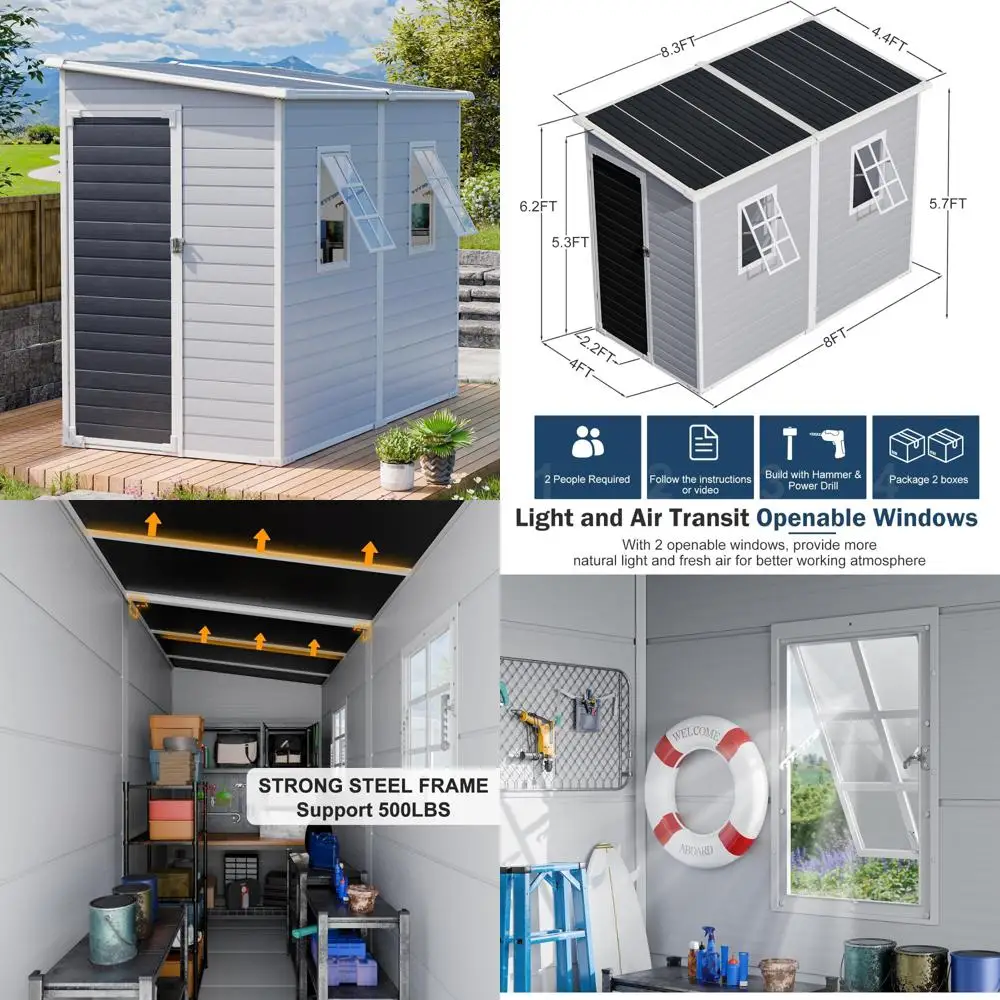 

Large Outdoor Waterproof Plastic Storage Sheds with Floor, 8x4 FT, Adjustable Windows
