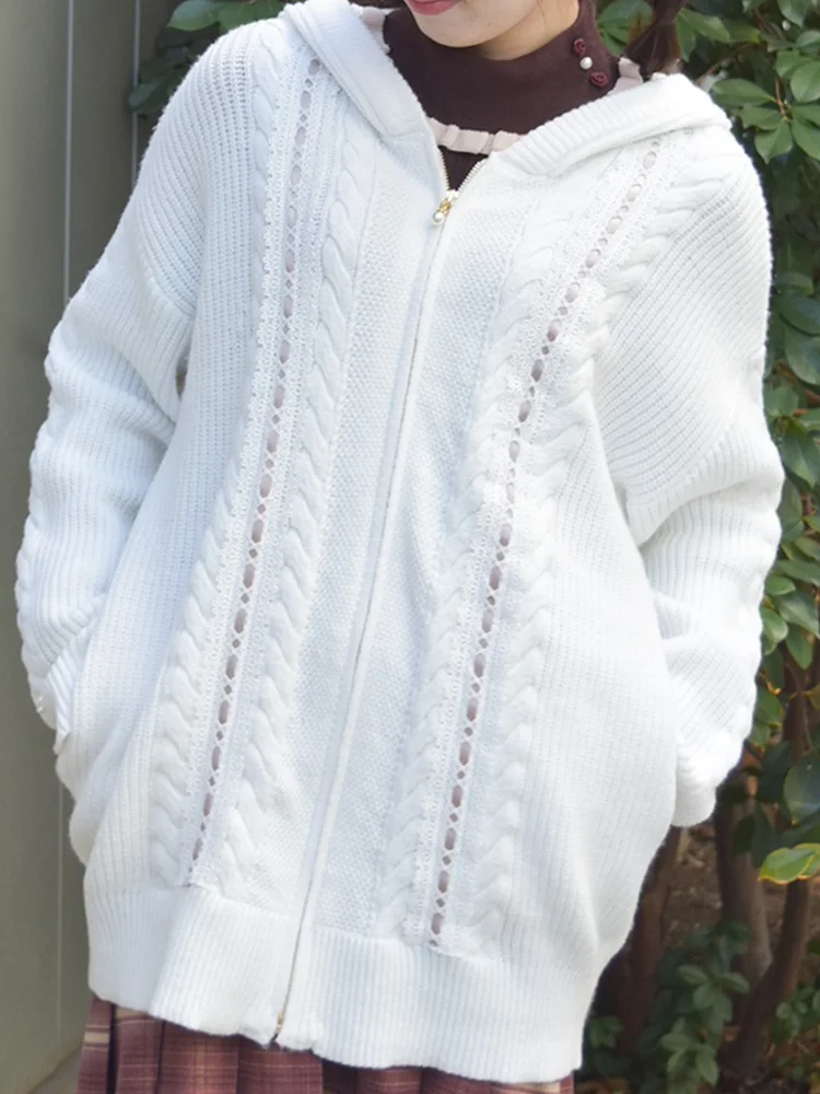 

Повседневная свободная вязаная шапка-пальто женская зимняя теплая с кружевом, верхняя одежда Axesfemme IM63X0, полиэстер, длинный рукав, застежка-молния