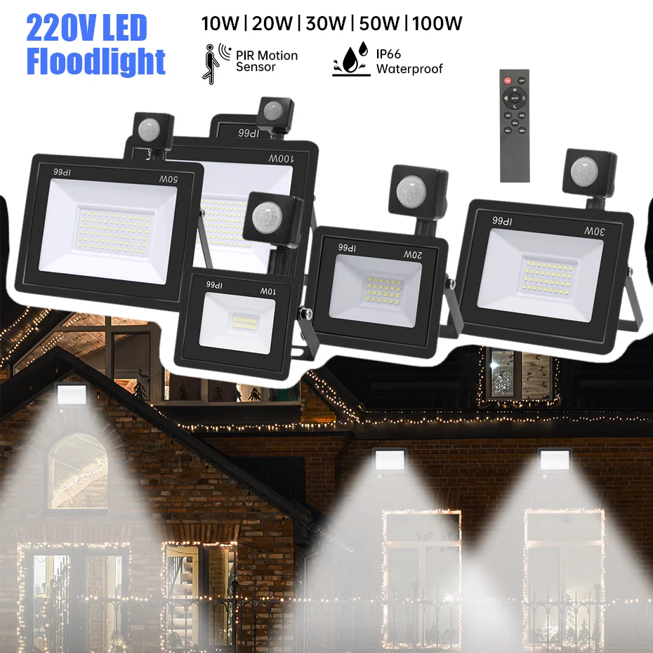 

AC220V PIR Motion Sensor LED Floodlight with Remote 10W 20W 30W 50W 100W IP66 Waterproof Outdoor Reflector Street Lighting