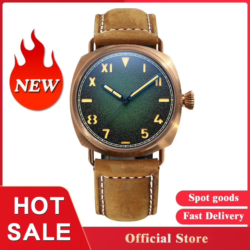 Reloj Mecánico de bronce Retro NH35 movimiento cristal de zafiro suizo C3 luminoso 20Bar correa de cuero impermeable reloj de pulsera de lujo