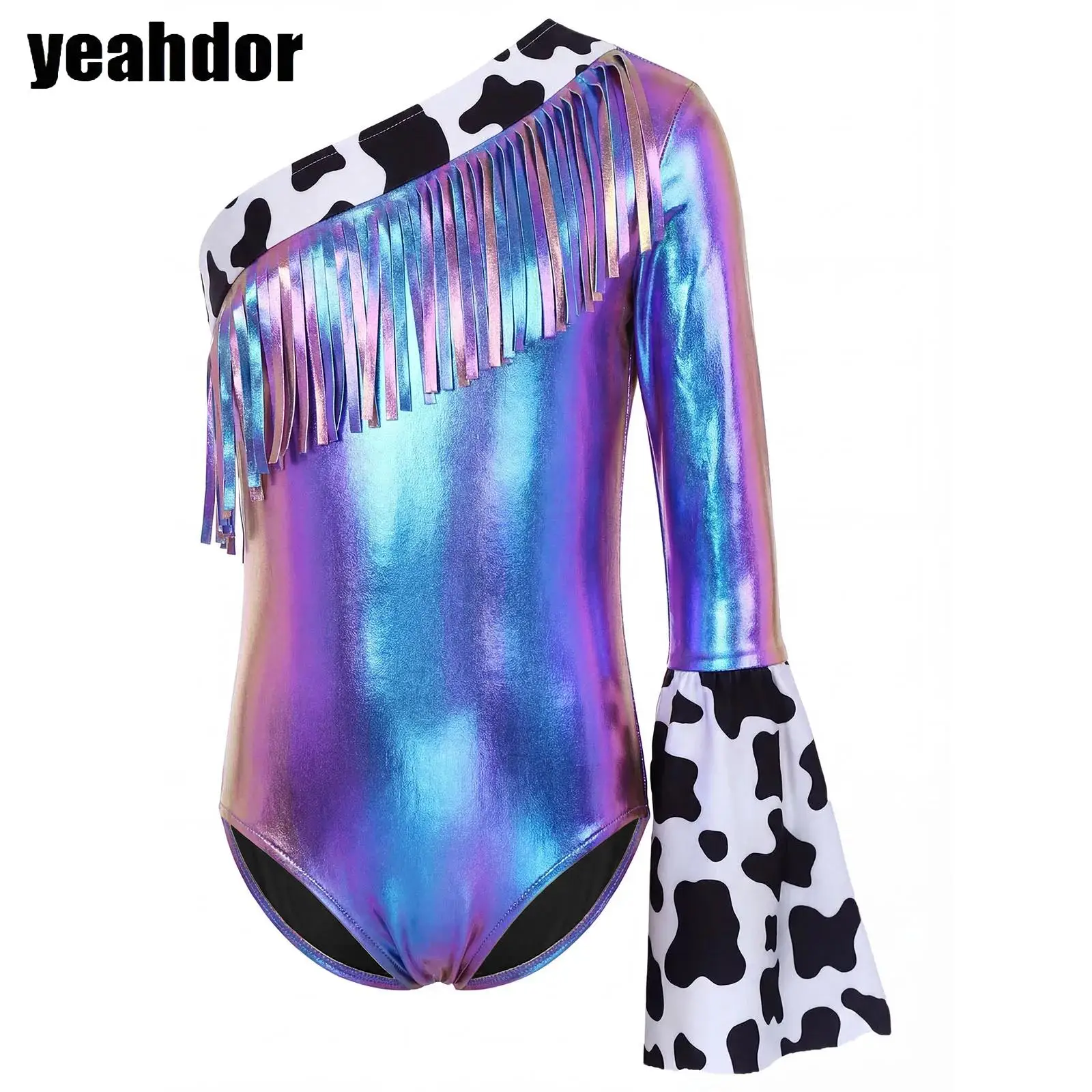 

Костюм ковбойши для девочек: комбинезон в стиле вестерн для Хэллоуина, гимнастики, балета, с расклешенными рукавами, бахромой и металлическим блеском, боди-леотард