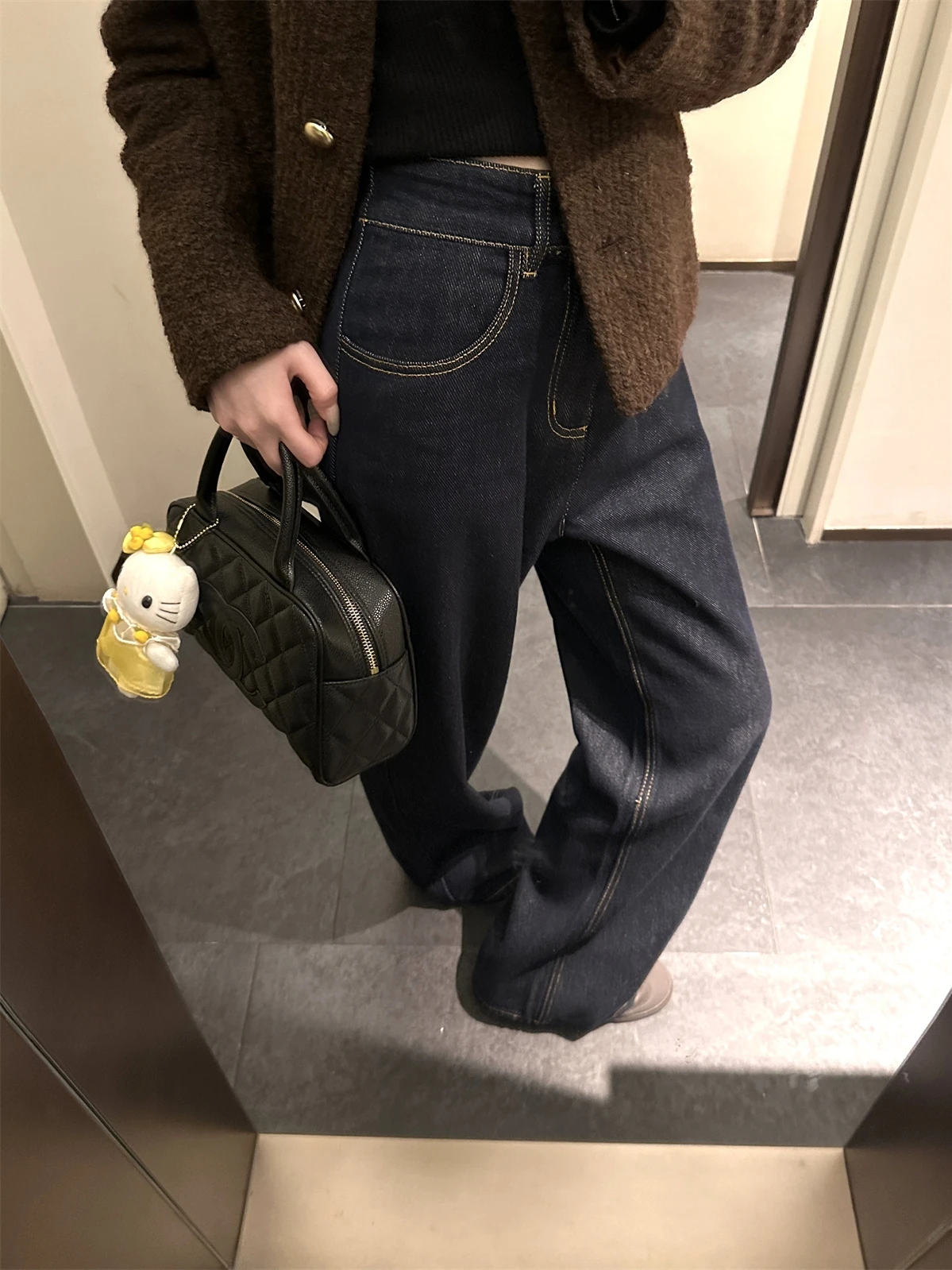 

Dabaoxi Heavyweight Retro Waed Color Blo Line Straight Leg Jeans mid Waist Slim Wide Leg Casual Long Pants