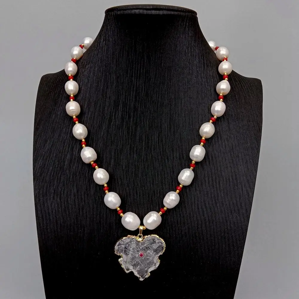 Y·YING Freshwater White Rice Pearl Red Coral Necklace White Quartz Rough Raw Leafage Pendant