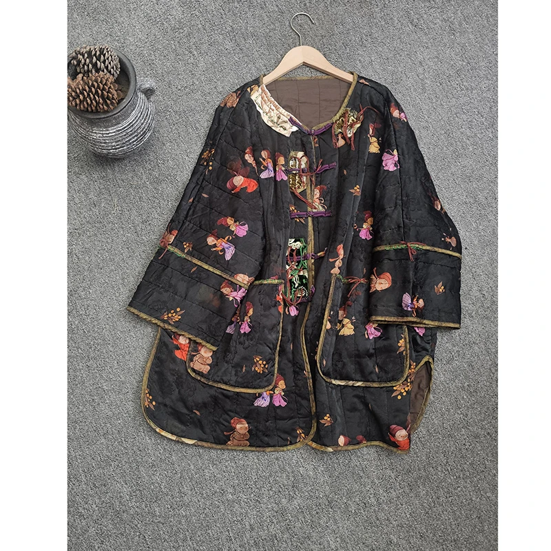 2025 New Arrival Winter Women Floral Print Single Breasted Cotton Liner Parkas Long Sleeves Casual Pocket Patchwork Coats Y299