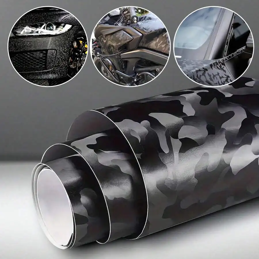 Stealth Ghost Forging Black Camouflage Carbon Fiber Vinyl Wrap Roll Bubble Free Waterproof Air Release Glossy Car Interior