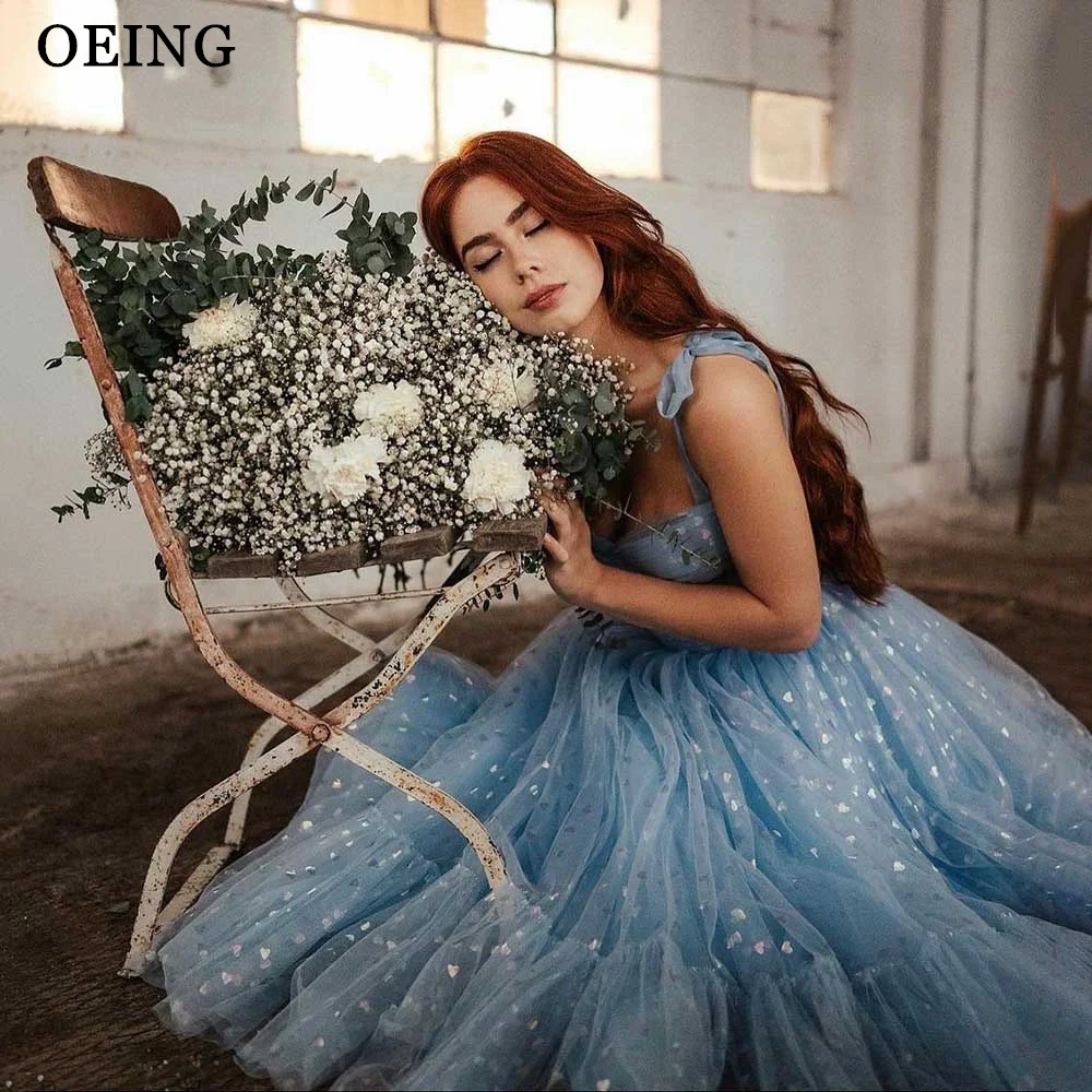 OEING Light Blue A-Line Prom Dresses Spaghetti Strap Tulle Tea Length Fairy Evening Dress Special Occasion Gown Vestidos De Gala