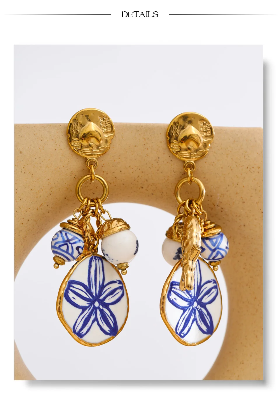 Yhpup Exklusiver Stil Edelstahl-Keramikperlen-Blumen-Tropfen-Ohrringe Allergievorbeugend Sommer Goldener Ästhetischer Schmuck – Detail 7