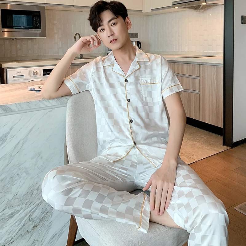 Summer Pjs Fashion Plus Size Mens Pajamas Leisure Ice Silk Elegant Sleepwear for Gentleman Soft Short Sleeve Button Loungewear