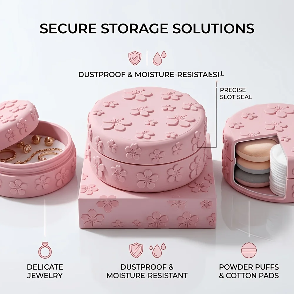 1-teilige Aufbewahrungsbox für Make-up-Watte mit Kirschblütenprägung, 3D-gedruckte staubdichte Kosmetik-Aufbewahrungsdose mit Deckel, ästhetisch ansprechend, mädchenhafte Make-up-Box aus Kunstharz, tolles Weihnachtsges – Detail 1