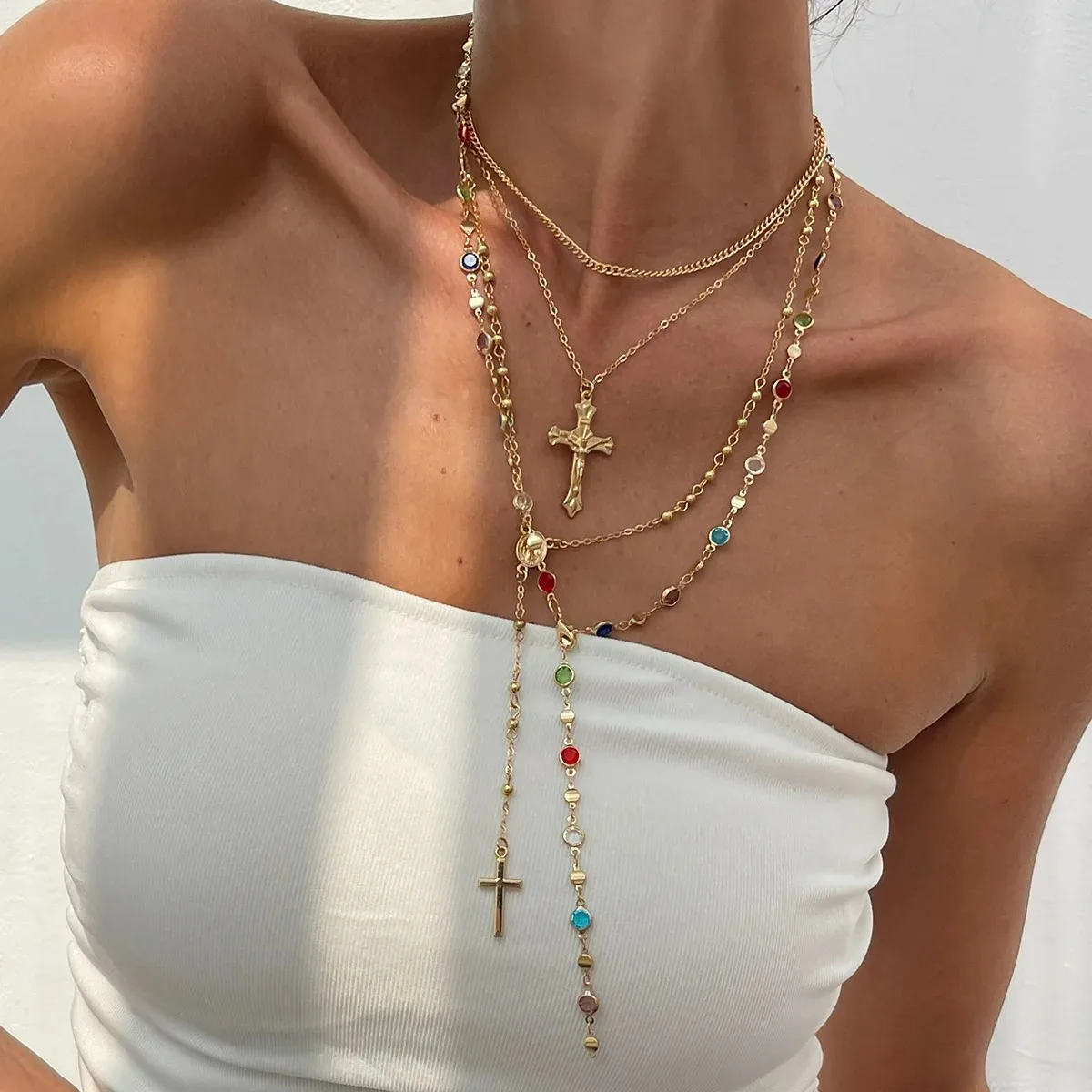 1 Set Luxury Rhinestone Cross Pendant Necklace Set for Women Vintage Simple Colorful Crystal Long Y-shaped Y2K Party Jewelry