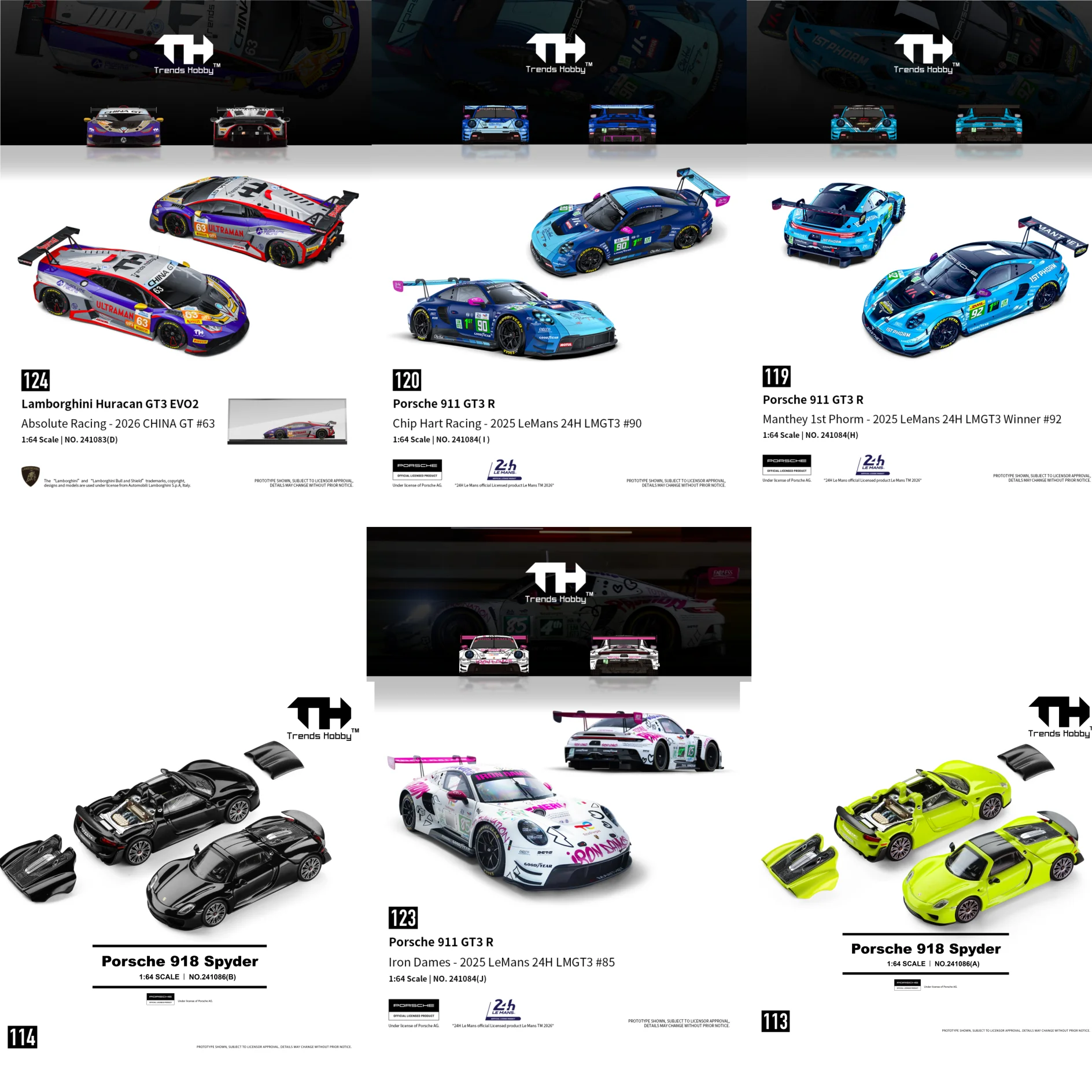 TH 1:64 Porsche 911 GT3R Porsche 918 Lamborghini GT3 Ultraman Tiga Modèle de voiture en alliage peint