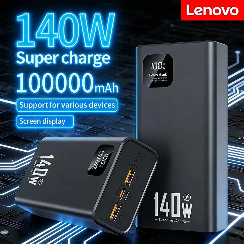 Lenovo 100000mAh Power Bank High Capacity 140W PD 22.5W Super Fast Charging Portable Battery Charger for iPhone Samsung