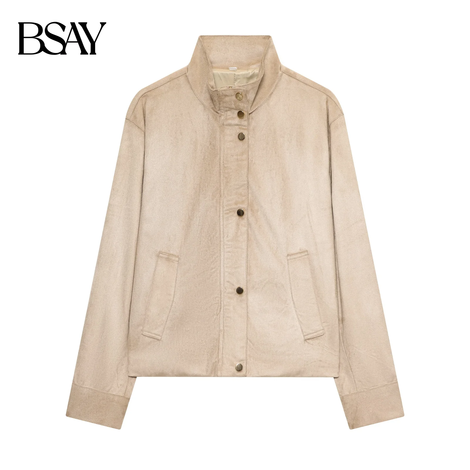 BSAY Autumn New Product 2025 Women's Retro Fashion Casual Stand up Collar Button Zipper Waist Jacket Coat