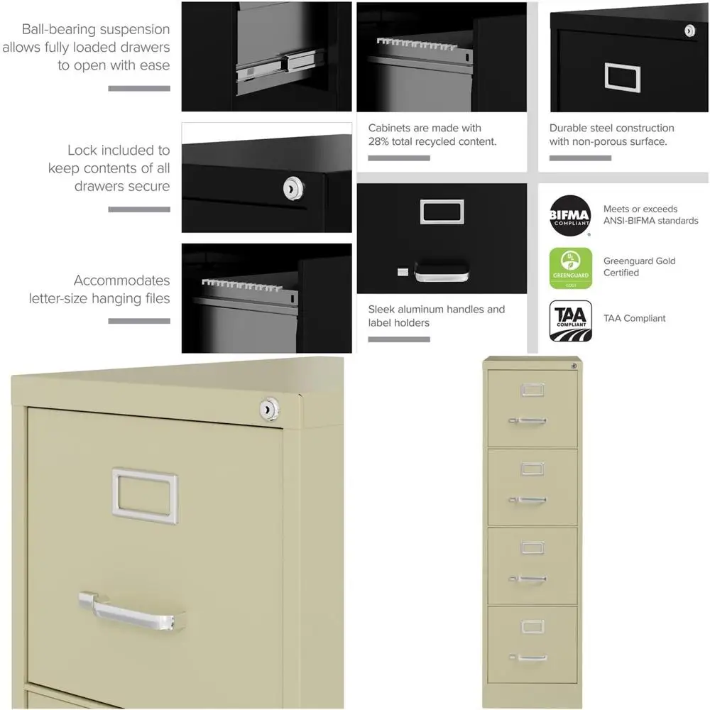 

Metal 4-Der Veal iling Cabinet, Putty inish, Letter-Size, Lockable Oice Storage, Smooth Ball-Bearing Suspension, 52" H x 15" W x