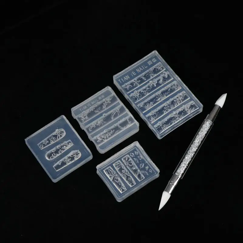 

4Pcs 3D Relief Lily Hibiscus Flower Nail Carving Mold Silicone Petals Modeling Template With Carving Pen Nail Art Tools