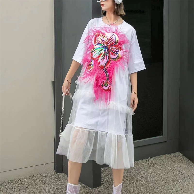 Imagem -06 - Indústria Pesada Feminina Lantejoulas Emendando Malha Camiseta Vestido Solto Comprimento Médio Marca de Moda Verão Novo Tailândia