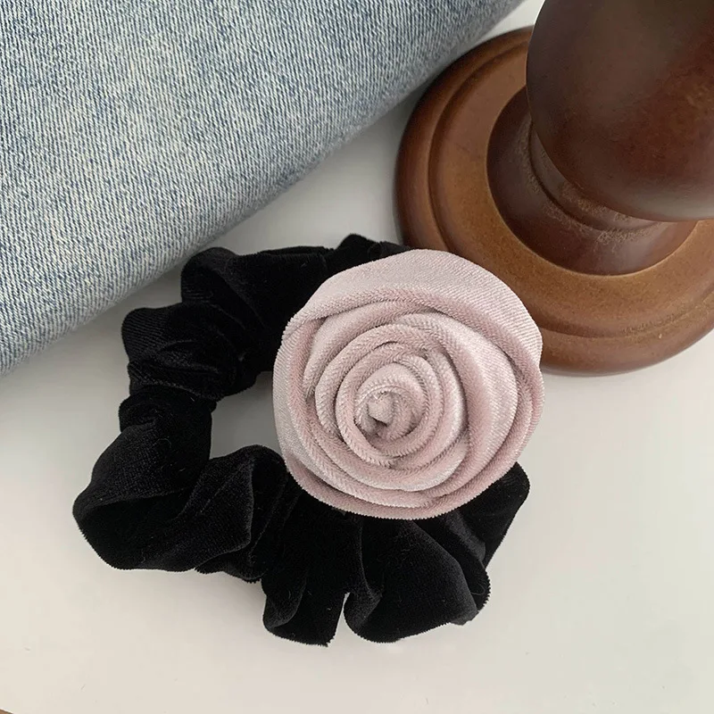 Beautiful Flannel Cloth Handmade Rose Flower Hair Ropes Elastic Hair Bands For Women Korea Solid Color Boutique Velvet Hair Ties