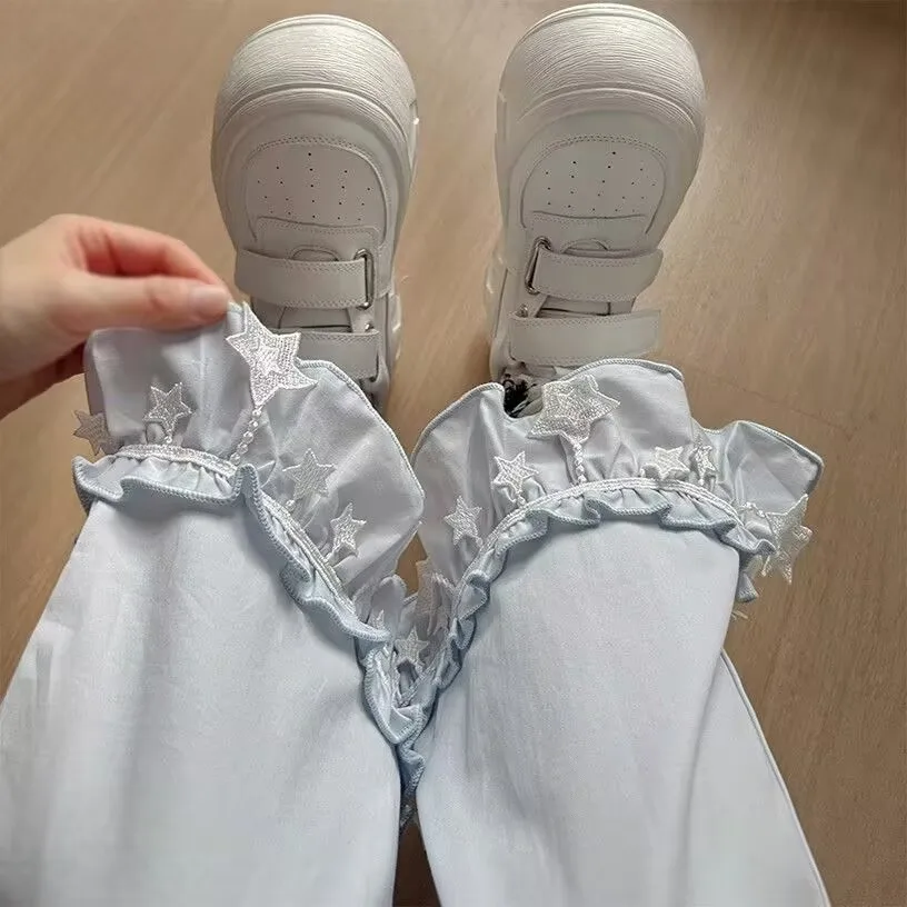 الكورية نمط لوليتا المرأة عالية الخصر السراويل لطيف ستار الدانتيل بنطال ذو قصة أرجل واسعة Y2k طالب Sweatpants عادية فضفاض Kawaii بنطلون