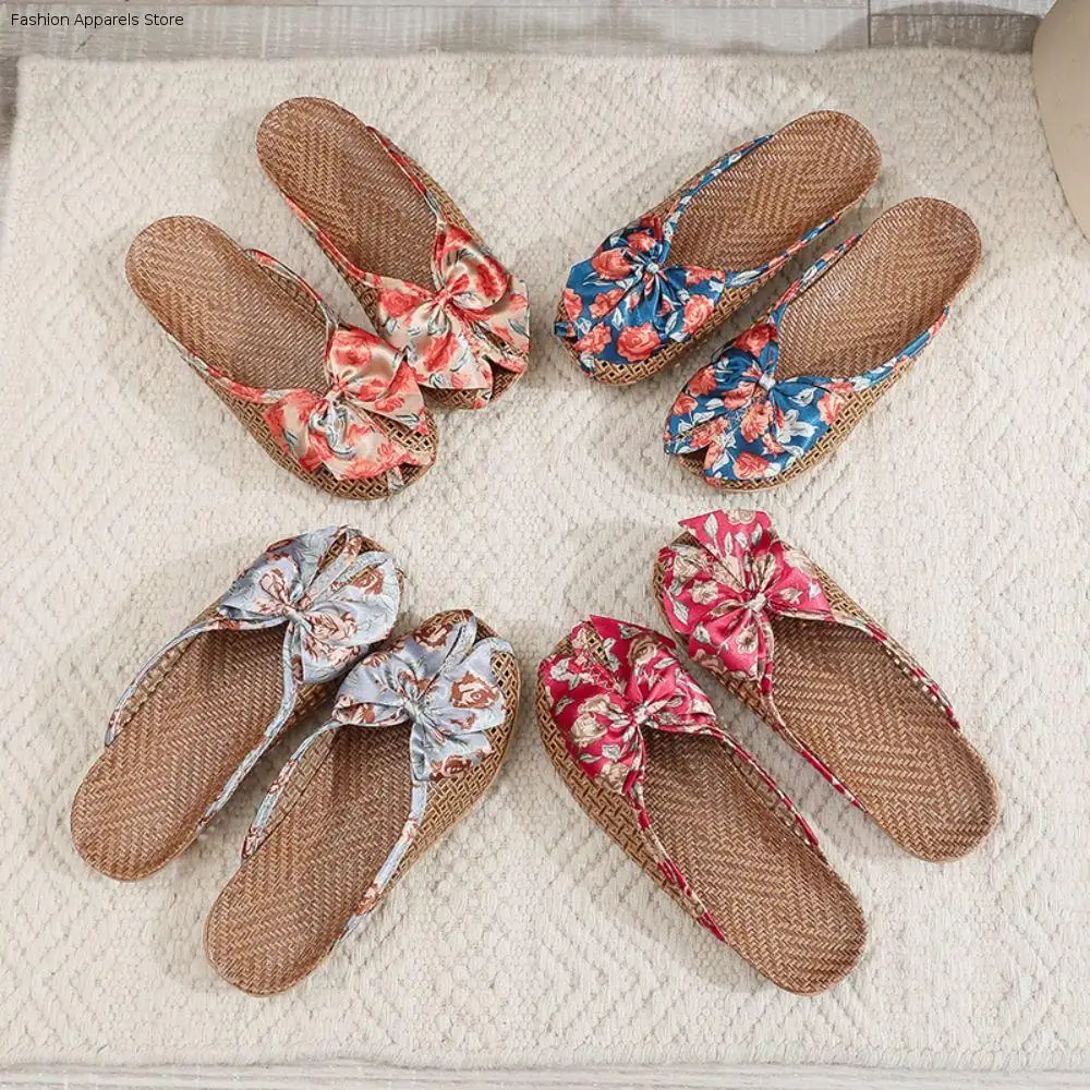 

Comfortable Sweet Bow Linen Slippers Hollow Out Peep-toe Closed-toe Sandals Flat Shoes Slippers Women Summer