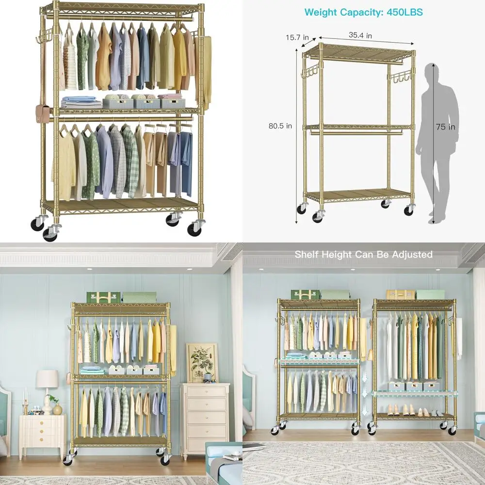 

Золотая вешалка для одежды на колесиках, запираемые колеса, органайзер с двойным стержнем, грузоподъемность 35,4x15,7x80,5, 450 фунтов