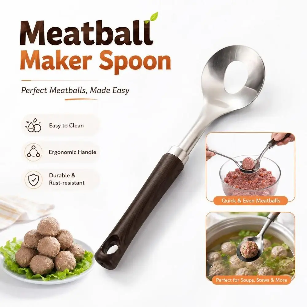 Stainless Steel Meatball Maker Spoon Wood Grain Handle Round Spoon Head Kitchen Meatball Tool Hanging Hole
