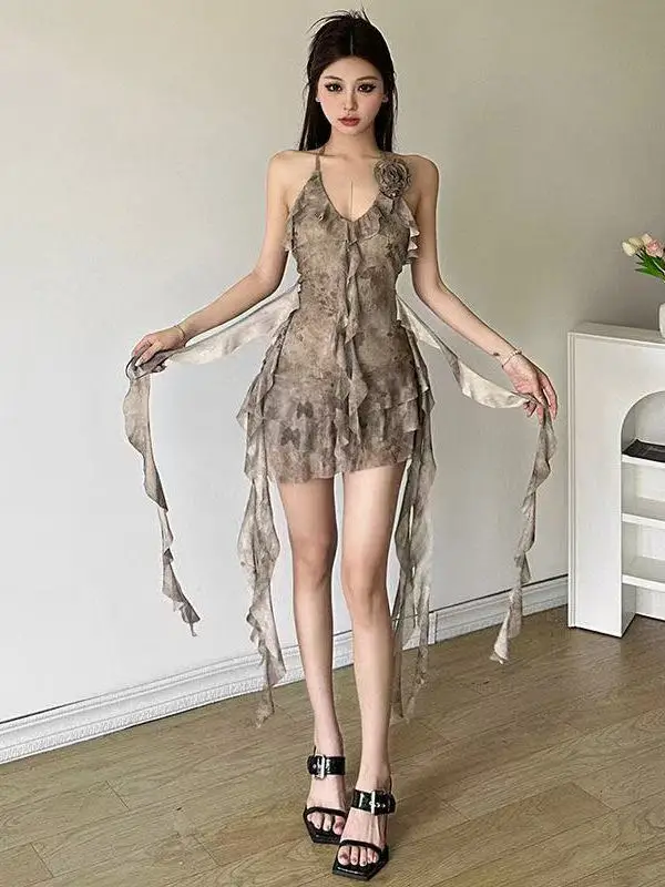 Vestido E e Sexy com Babados e Decote em Camadas, Saia Curta Irregular de Cintura Alta, Estilo Verão para Mulheres