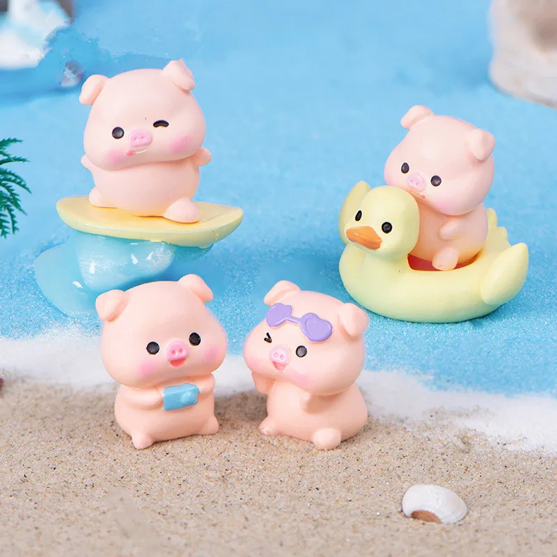 Figurines Miniatures Cartoon Cute Beach Pig Micro Landscape Ornaments For Home Decorations Room Decor Desktop Car Decoration