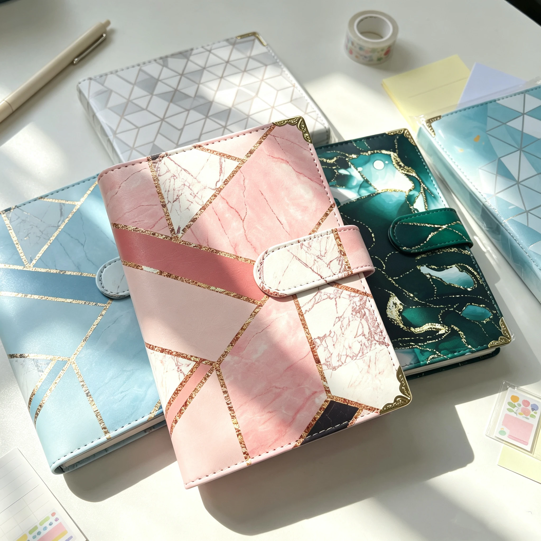 A6 Loose-Leaf Budget Notebook with Color Illustrations, Printed Notebook, Leather PU Planner Loose-Leaf Binder Office Stationery