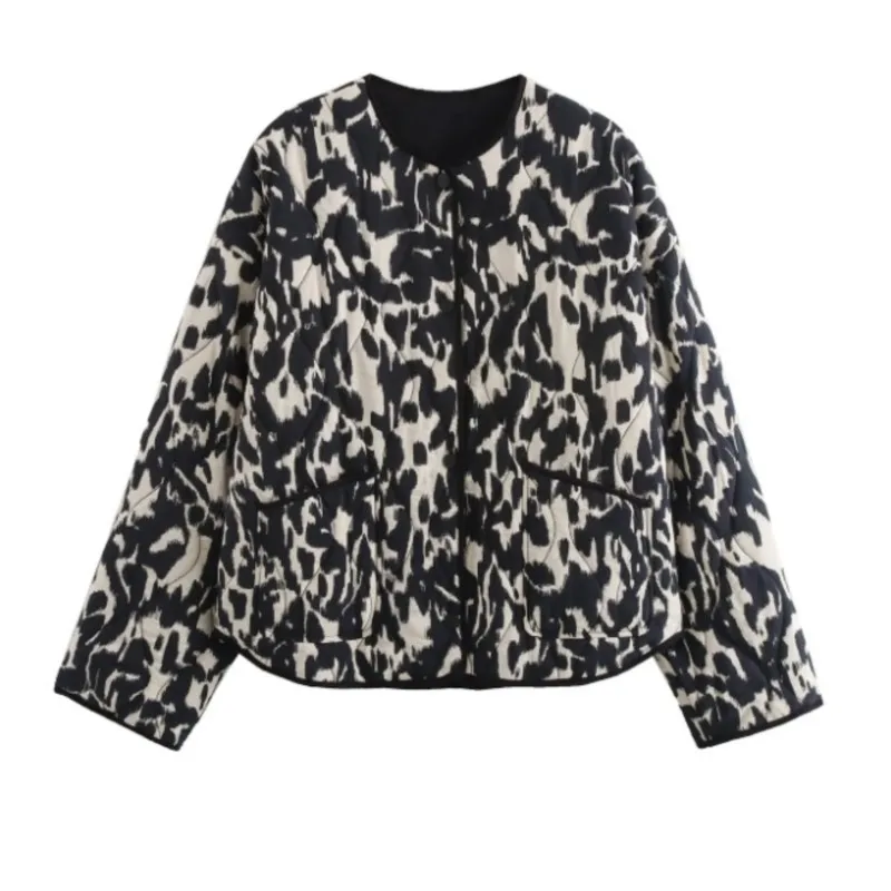 Women's Winter Warm High Street Jacket Retro Leopard Print Cotton Coat Women's Chic Round Neck Long Sleeve Zipper Jacket