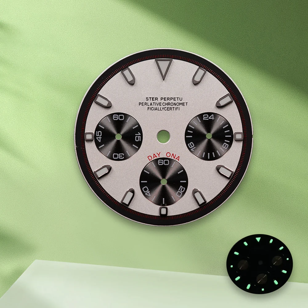 29.5Mm S Logo Dial Panda Putih VK63 Dial Lingkaran Dalam Hitam Tanpa Gerakan Tangan Aksesori Modifikasi Jam Tangan Bercahaya Hijau