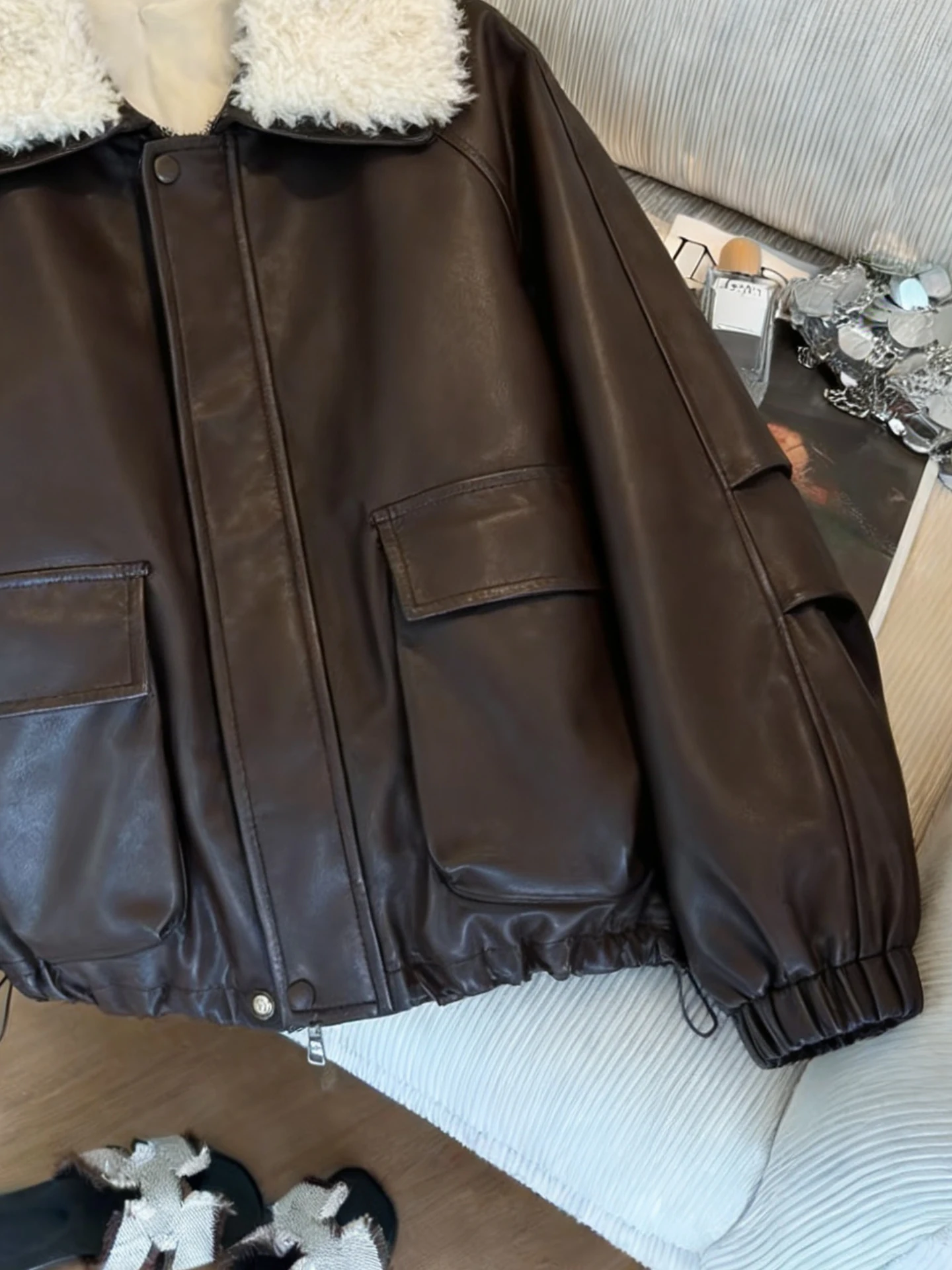 Legal retro sle bombardeiro jaet feminino contraste cor colarinho casaco de couro calor longo sve fechamento com zíper streetwear