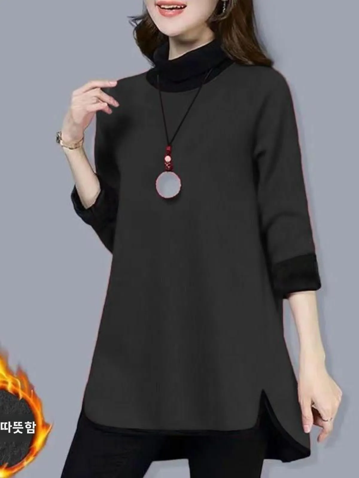 秋冬用厚手フリースパーカー レディース新作ハイネックミドル丈長袖ルーズベースシャツネックピン付き