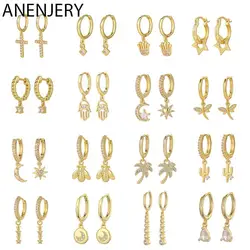 ANENJERY Fashion AAA Zircon Cross Star Moon Pendant Hoop Earrings for Women Silver Color Earring Jewelry Wholesale