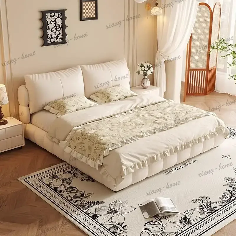 FG Ergonomic Beige Simple Double Bed Unique Show European King Wooden White Space Saving Double Beds Ergonomic Unique Furniture