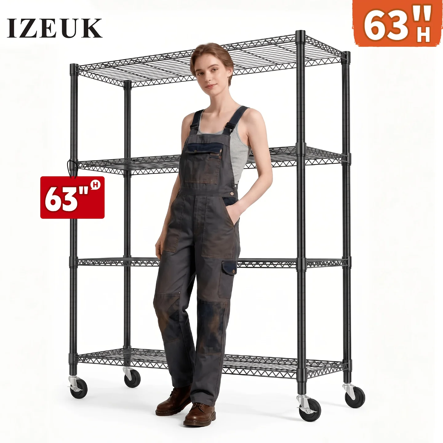

[Steel Utility Shelving Unit] IZEUK Large Steel Multi-Tier Utility Shelving Unit - Factory Storage Rack with Wheels, 17"D x 47"W x 63"H - Standing Baker's Rack for Home, Kitchen, Office, Room Decor, Shoe Rack, Bathroom Decor Accessories, Dresser, Laundry