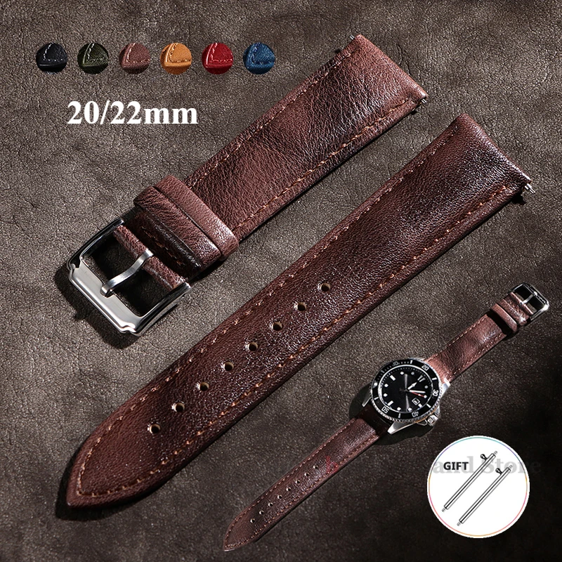 Винтажный ремешок из воловьей кожи 20 мм 22 мм для Huawei GT5 4, быстросъемный ремешок для умных часов для Samsung Galaxy Watch 6 5, браслет ручной работы