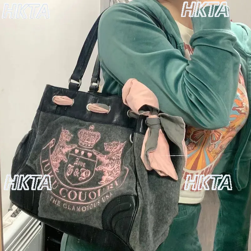 Vintage Fashion New Contrasting Color Tote Bag Subculture Y2k Alphabet Embroidery Large Capacity Versatile Black Backpacks Women