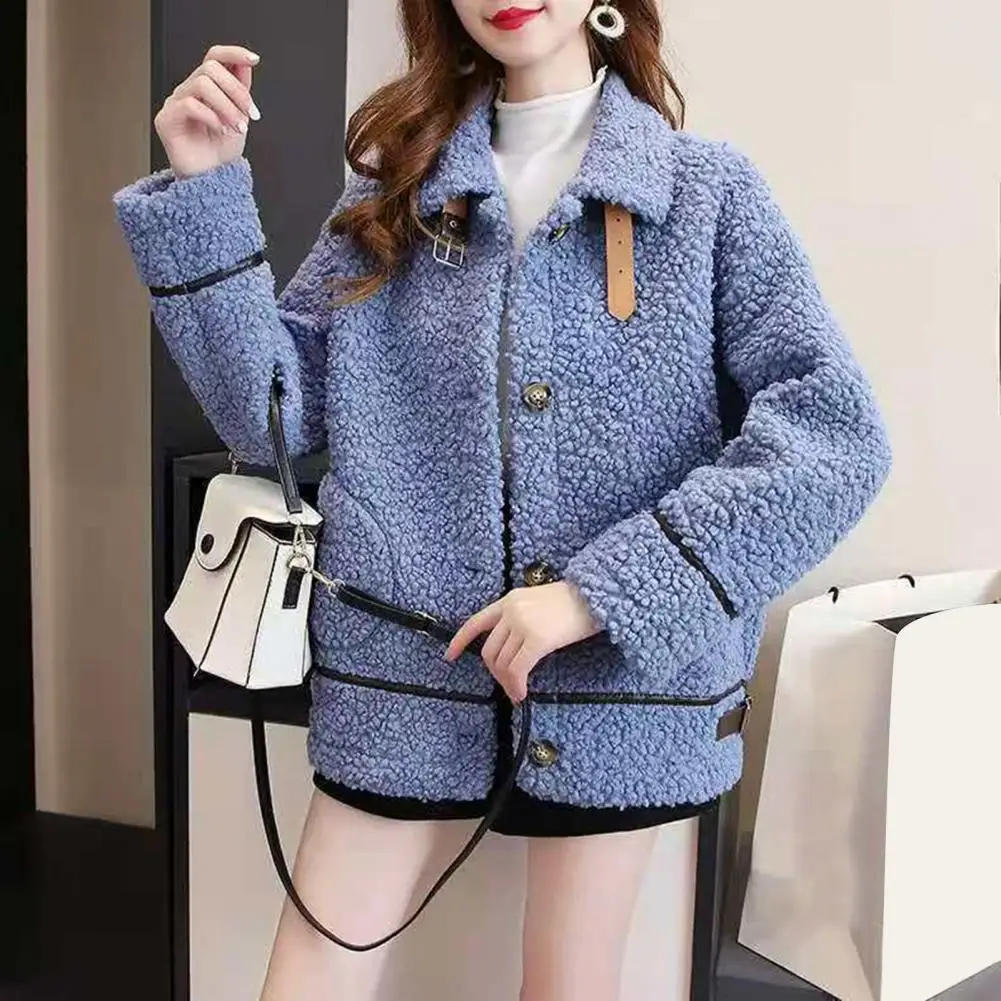 

Fashion Lamb Plush Jacket Women's Autumn Winter Pocket Zipper Long Sleeve Loose Stand Collar Warm Jacket Coat For Women