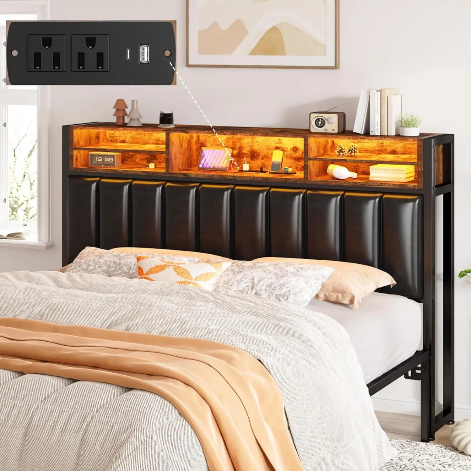 Headboard Queen Size with USB & Type C Port, Headboard with LED Light, Headboard Only with Storage Shelf, Size