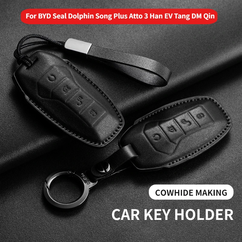 

Чехол-брелок для ключей автомобиля BYD Seal, Dolphin, Song Plus, Atto 3, Han EV, Tang DM, Qin, кожаный защитный чехол для пульта ДУ