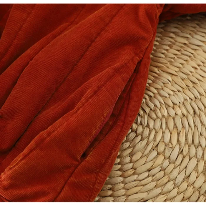 Retro Künstlerischer Vintage SLE Thiened Long Sve Cotton Jaet Pure Color Button-up-Mantel Kürbis-Design Cord-Knopfdetail