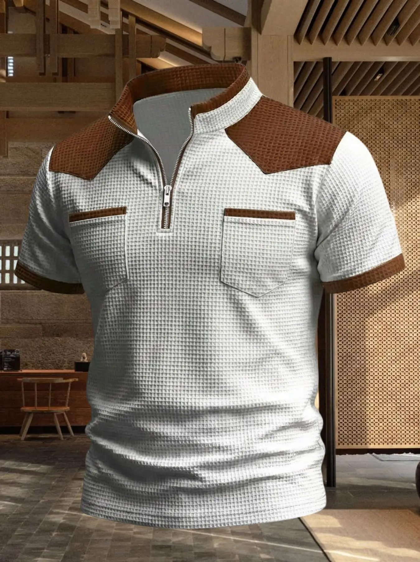 

Summer Casual Short sleeve Men's POLO shirt Fashion Stand up collar Double pocket Zipper Men's sports Top daily Men's T-shirt