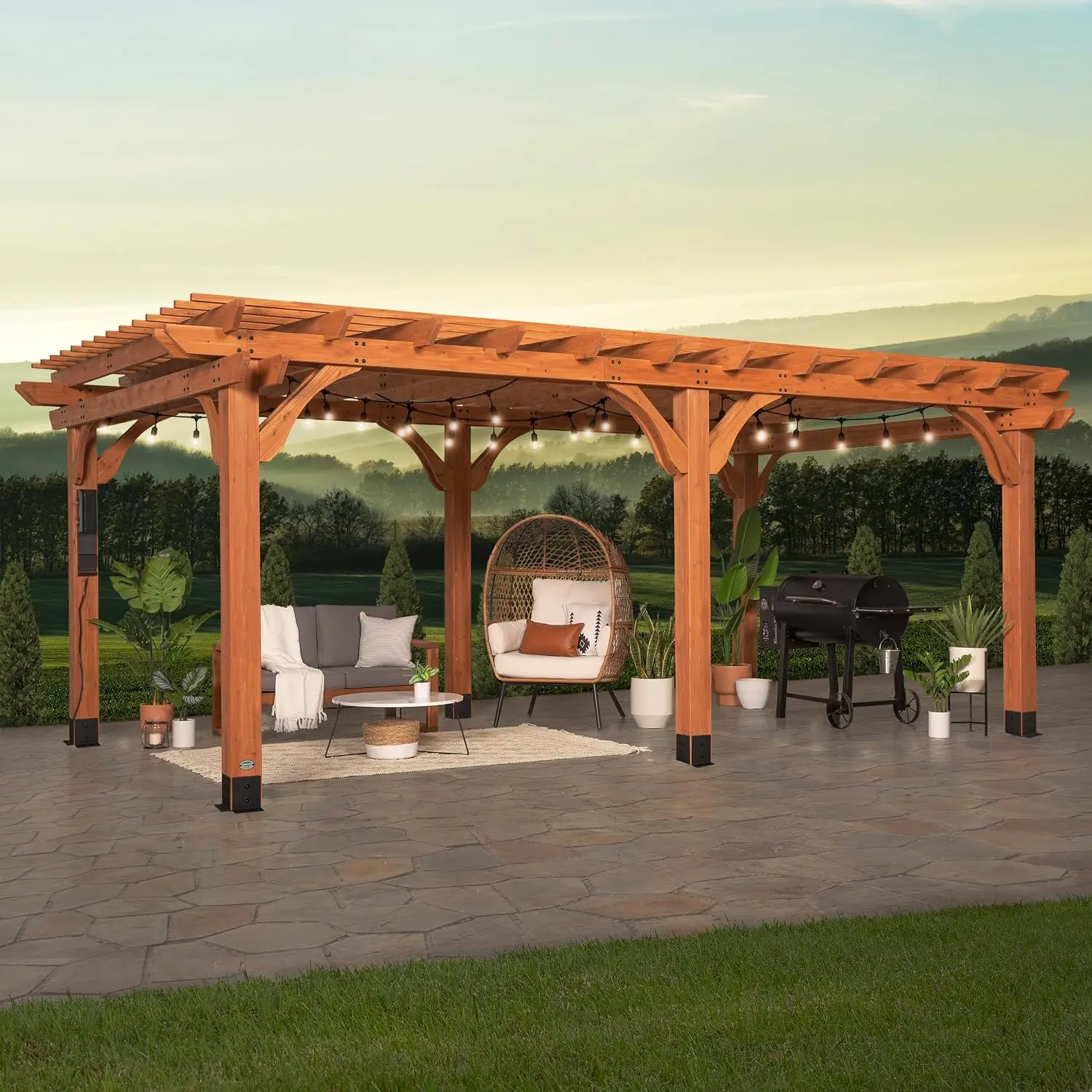 Beaumont 20' x 12' Traditional Cedar Wood Pergola Kit with Trellis Roof, All-Season Durability, High-Wind Rating, PowerPort, Sha