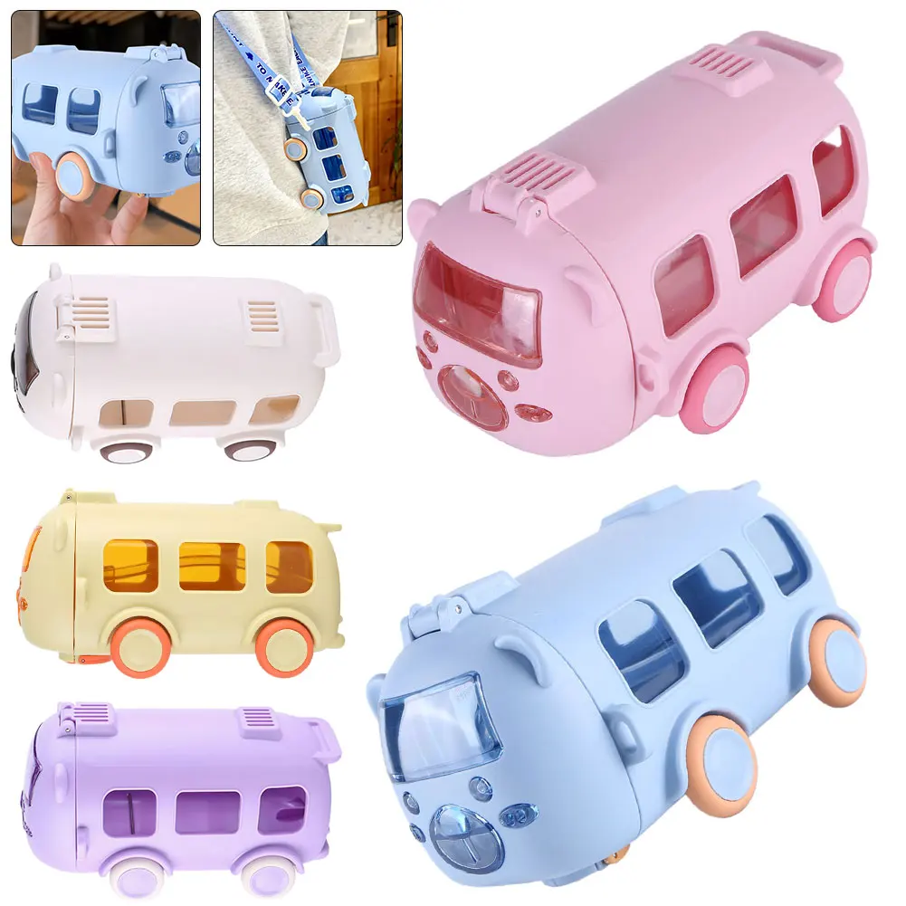 500ML Bus Shape Cartoon Water Cup with Movable Wheels & Strap Plastic Drinking Bottle Leakproof for Home Travel School