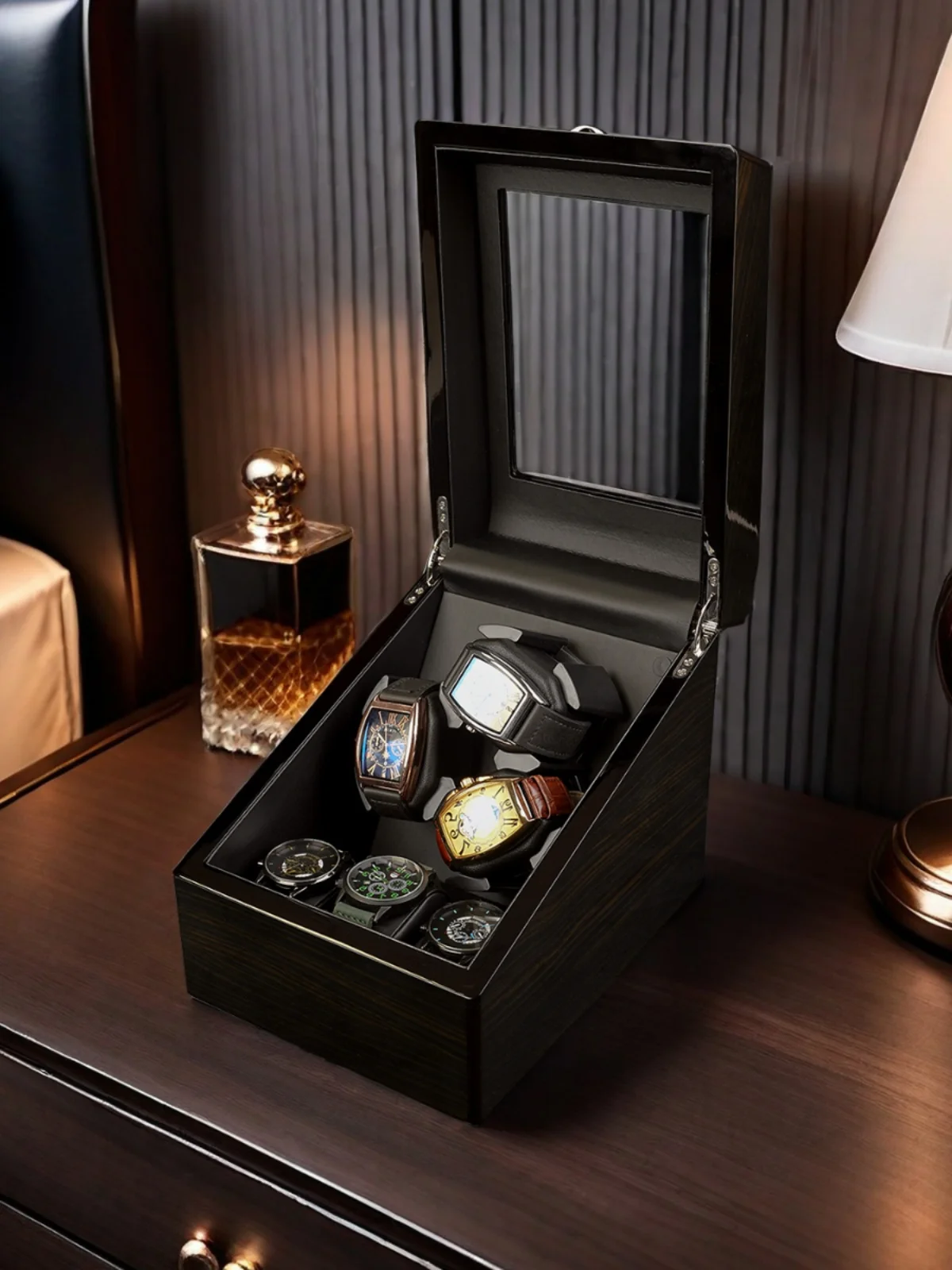 Automatic Watch Winder Wooden Texture Style 3+3 Slot Blue LED Light + Cover Opening Emergency Stop Function Automatic Watch Box