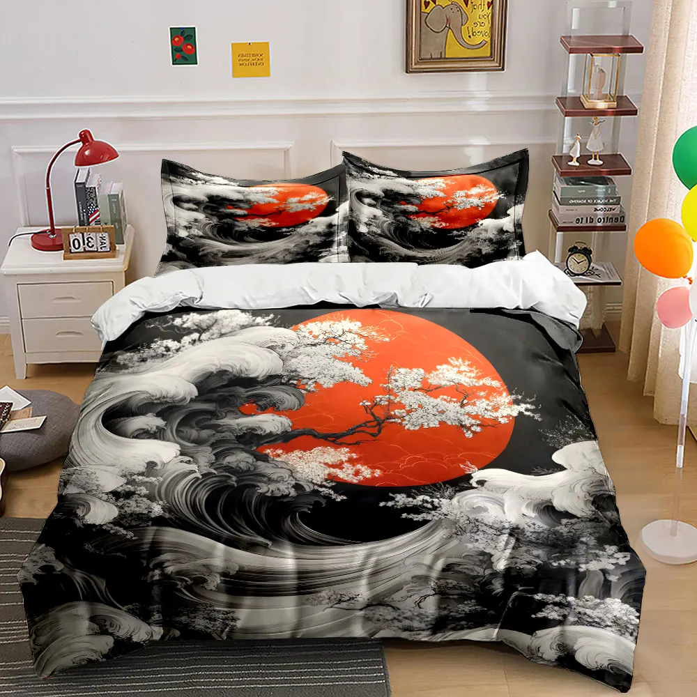 Japanese Ukiyo-e Waves and Pine Shadows Printed Duvet Cover Set1 Duvet Cover+2 PillowcaseMulti Size Bedroom Bedding Decor