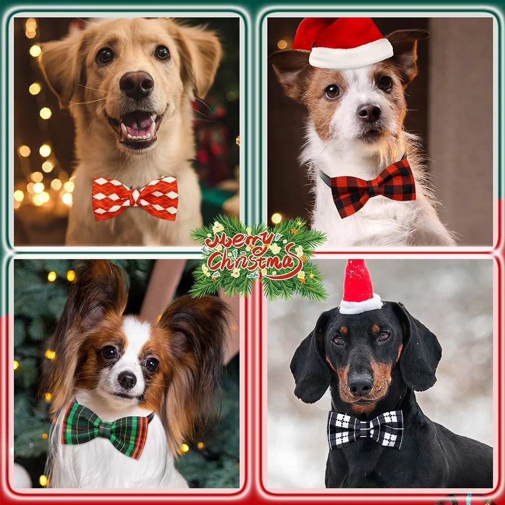 20/40PCS Christmas Dog Collars With Elastic Bands Pet Supplies For Dogs Classical Plaid Dog Bowties Pet Grooming Accessories
